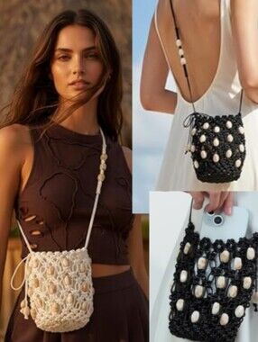 Crossbody Crochet Bead Bag (Black or White)